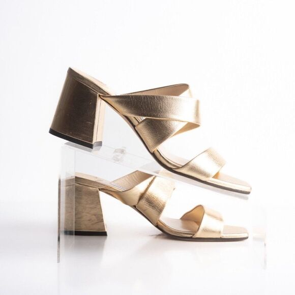 Jimmy Choo Womens Sia Metallic Leather Mules Gold Strappy Heels US 10 EU 40 - Picture 7 of 8